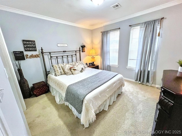 bedroom featuring ornamental molding and light carpet