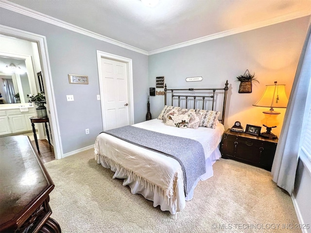 bedroom featuring crown molding and carpet floors