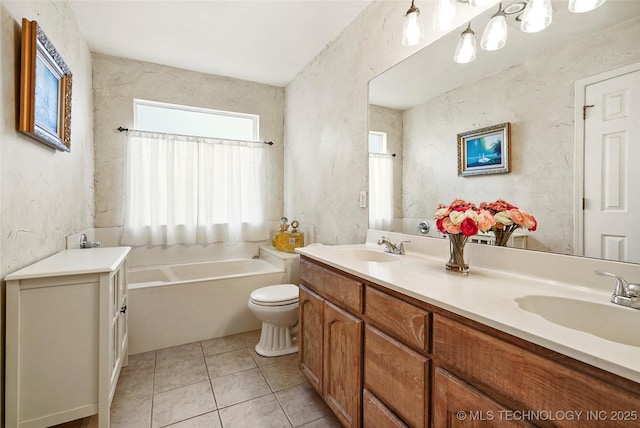 bathroom with toilet, vanity, a bath, and tile patterned flooring