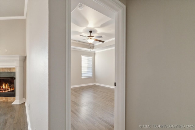 hallway featuring a tray ceiling, wood-type flooring, and ornamental molding