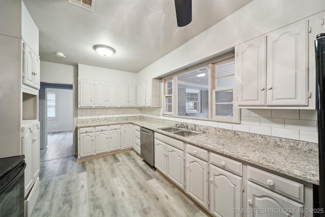 kitchen featuring white cabinetry, sink, backsplash, and stainless steel dishwasher