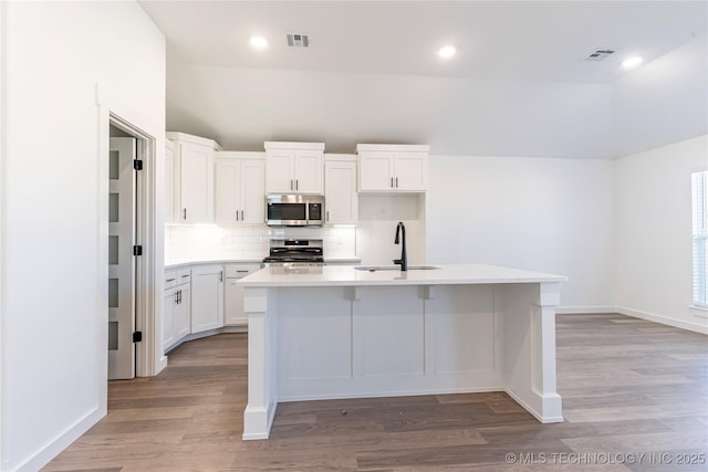 kitchen with appliances with stainless steel finishes, sink, a center island with sink, and white cabinets