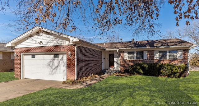 ranch-style house featuring a garage and a front yard