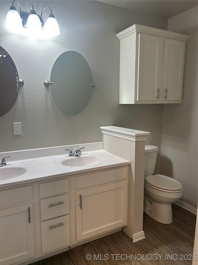 bathroom with wood-type flooring, vanity, and toilet