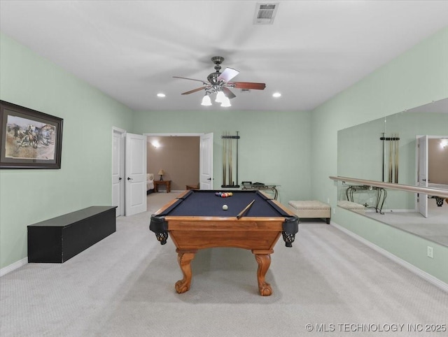 rec room with ceiling fan, light colored carpet, and pool table