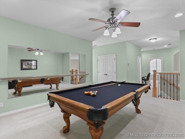 recreation room with light carpet, pool table, and ceiling fan