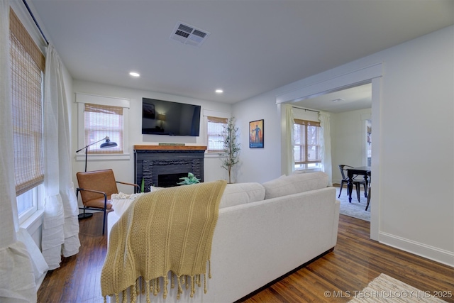 living room with dark wood-type flooring and a stone fireplace