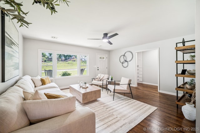 828 N Roosevelt Ave, Sand Springs, OK 74063 - living room featuring dark wood-style floors, baseboards, and ceiling fan