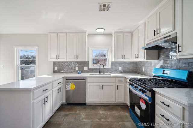 kitchen with white cabinetry, sink, stainless steel appliances, and kitchen peninsula