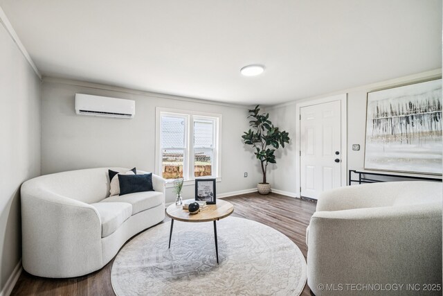 828 N Roosevelt Ave, Sand Springs, OK 74063 - living room featuring a wall mounted AC, wood finished floors, and baseboards