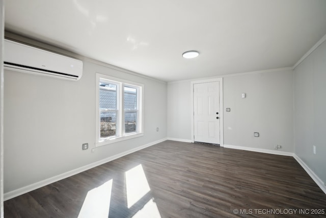 interior space featuring a wall mounted air conditioner and dark hardwood / wood-style flooring