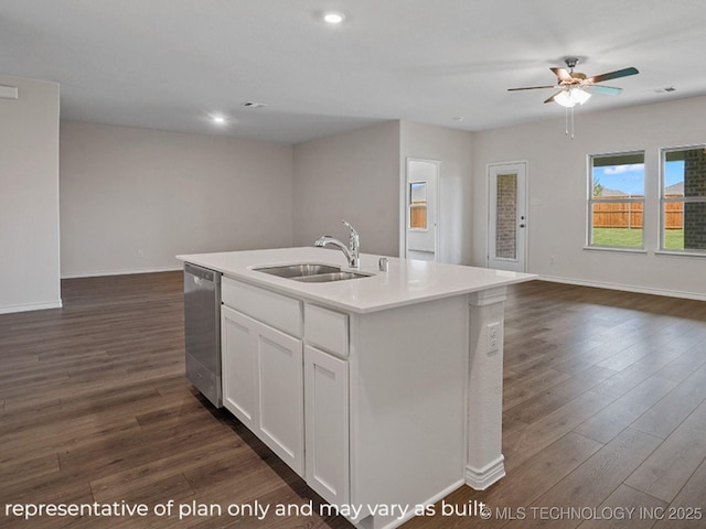 kitchen featuring sink, white cabinetry, a center island with sink, dark hardwood / wood-style flooring, and stainless steel dishwasher