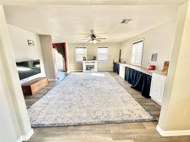 living room with ceiling fan, light hardwood / wood-style flooring, and a textured ceiling