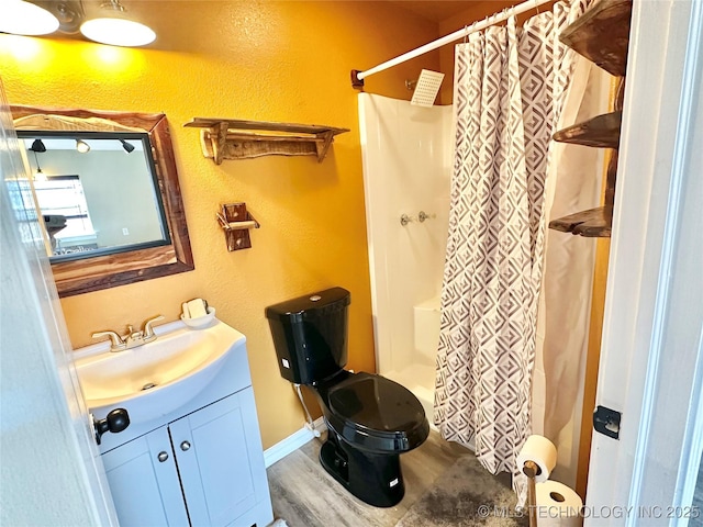 bathroom featuring vanity, curtained shower, and wood-type flooring