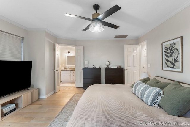 bedroom with ensuite bath, sink, ornamental molding, ceiling fan, and light wood-type flooring