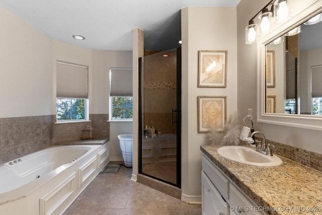 full bathroom with vanity, separate shower and tub, tile patterned floors, and toilet