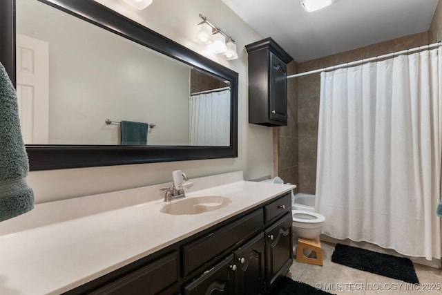 full bathroom with vanity, toilet, and shower / bathtub combination with curtain