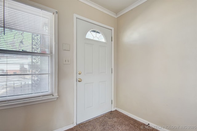 carpeted entrance foyer with crown molding and a wealth of natural light