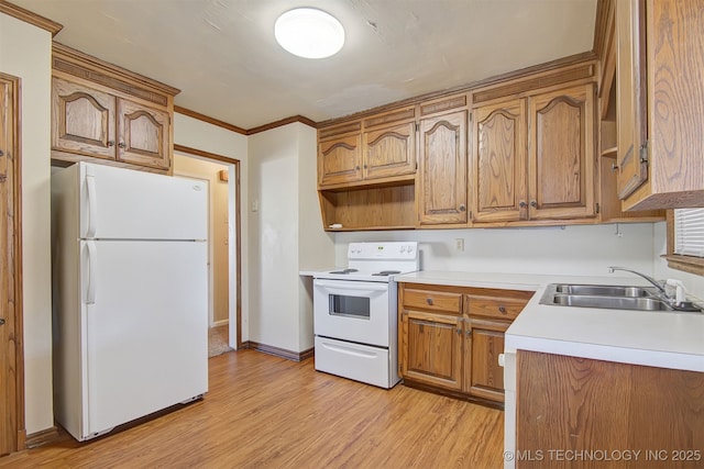 kitchen featuring crown molding, sink, white appliances, and light hardwood / wood-style floors