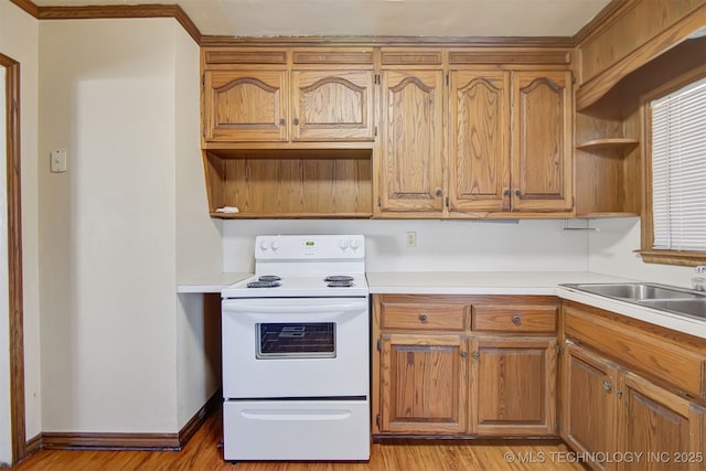 kitchen featuring electric stove, sink, and light hardwood / wood-style floors