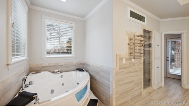 bathroom featuring crown molding, independent shower and bath, and tile walls