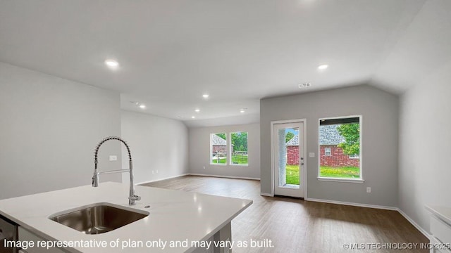 kitchen featuring an island with sink, lofted ceiling, sink, and wood-type flooring