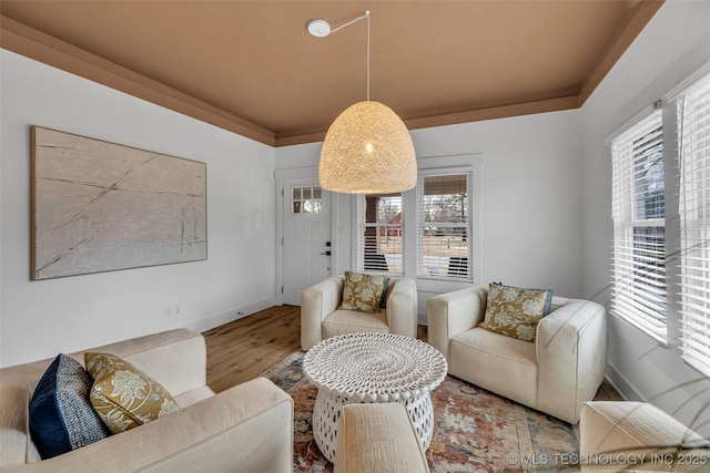 living room featuring hardwood / wood-style flooring and crown molding