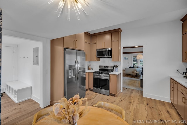 304 E Dallas St, Broken Arrow, OK 74012 - kitchen featuring appliances with stainless steel finishes, light wood finished floors, light countertops, electric panel, and a chandelier