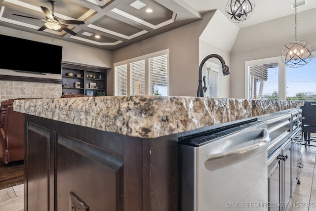 kitchen with ceiling fan with notable chandelier, decorative light fixtures, a center island, coffered ceiling, and stainless steel dishwasher