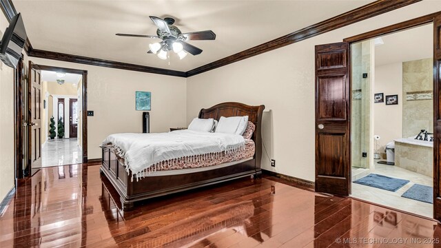 bedroom featuring crown molding, dark hardwood / wood-style floors, and ceiling fan