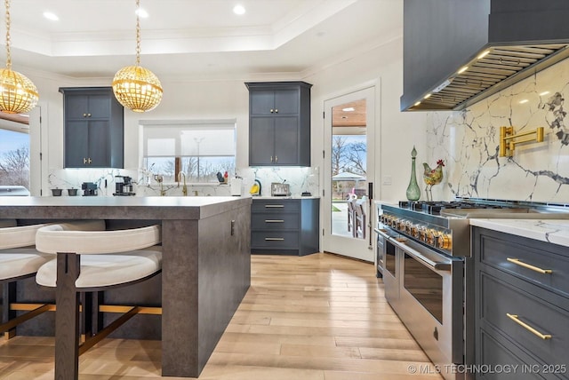 kitchen with hanging light fixtures, double oven range, premium range hood, and a tray ceiling