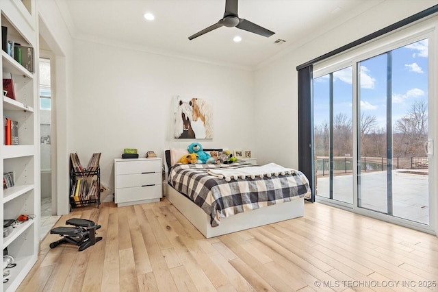 bedroom featuring ornamental molding, ceiling fan, access to exterior, and light wood-type flooring