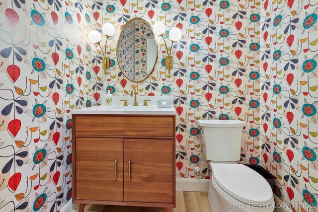 bathroom with vanity, toilet, and wood-type flooring