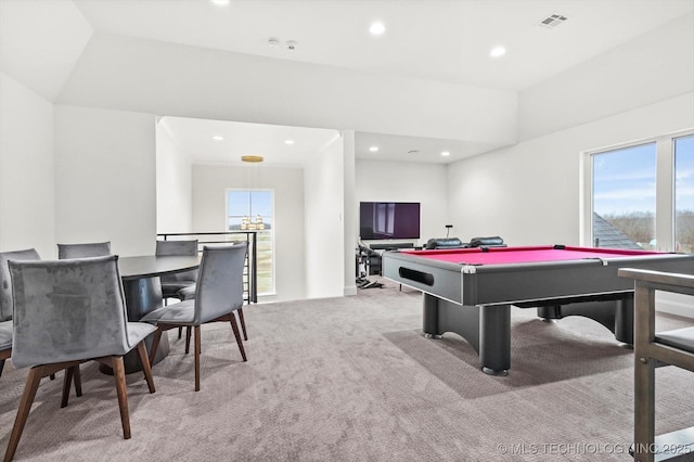 playroom with pool table, plenty of natural light, and light carpet