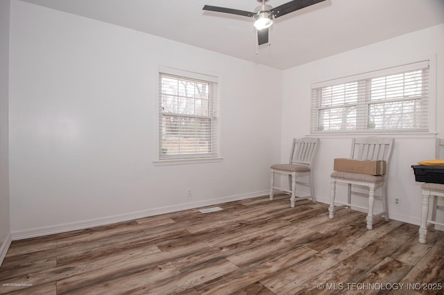 unfurnished room featuring ceiling fan, wood-type flooring, and a wealth of natural light