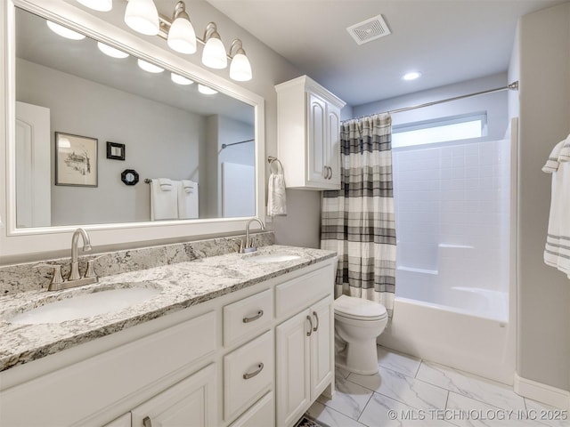 full bathroom with vanity, shower / bathtub combination with curtain, and toilet