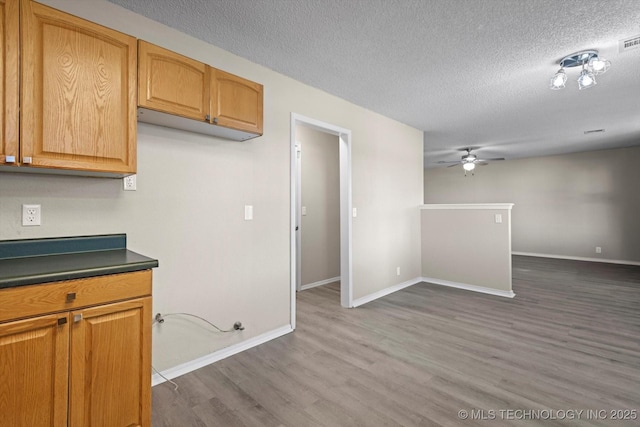 kitchen with dark wood-type flooring, ceiling fan, and a textured ceiling