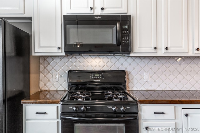 kitchen with white cabinetry, tasteful backsplash, and black appliances