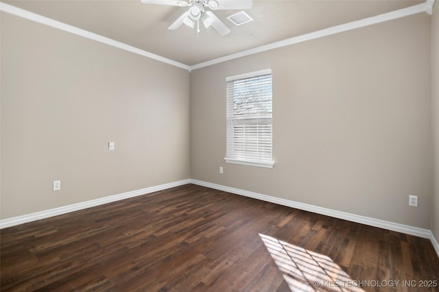 unfurnished room featuring ornamental molding, ceiling fan, and dark hardwood / wood-style flooring