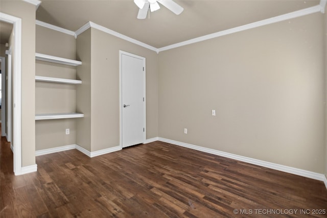 unfurnished bedroom featuring crown molding, dark hardwood / wood-style floors, and ceiling fan