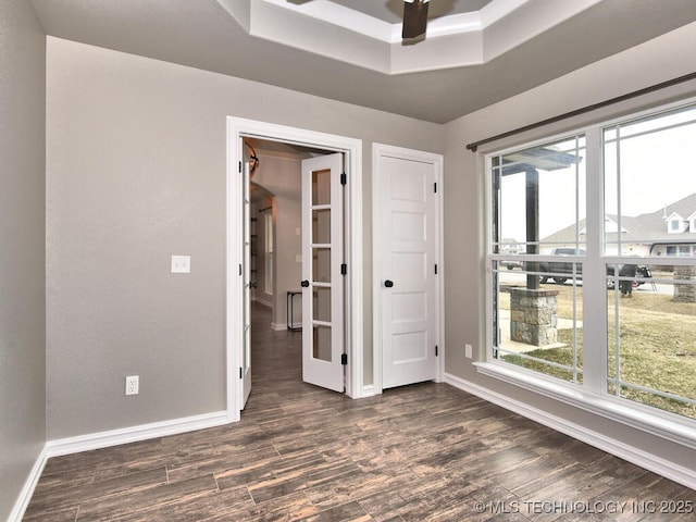 unfurnished room featuring a tray ceiling, dark wood-type flooring, and a healthy amount of sunlight