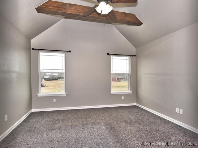 carpeted empty room with lofted ceiling and ceiling fan