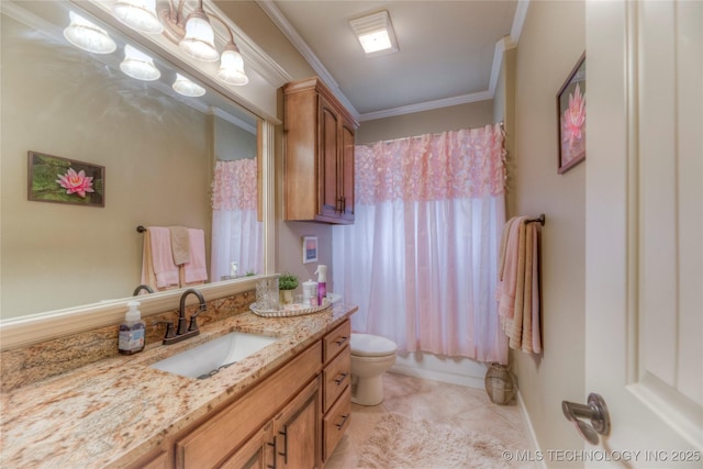 full bathroom featuring crown molding, tile patterned flooring, vanity, shower / bath combination with curtain, and toilet