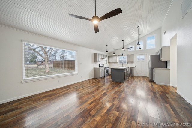 unfurnished living room featuring sink, high vaulted ceiling, dark hardwood / wood-style floors, and ceiling fan