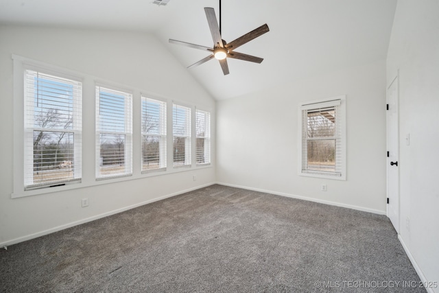 carpeted spare room with lofted ceiling and ceiling fan