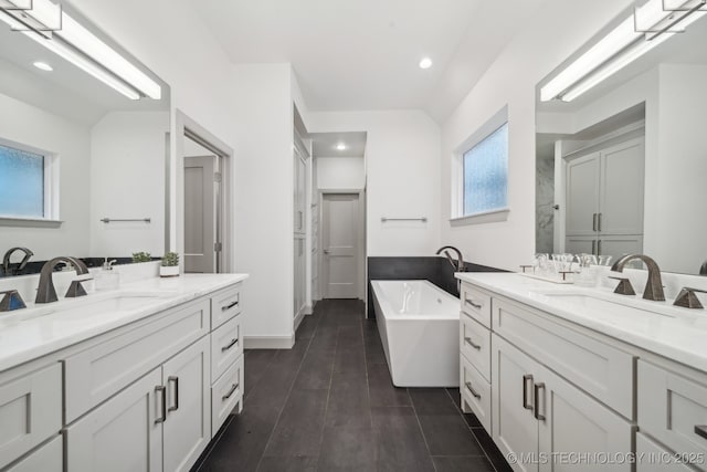 bathroom featuring hardwood / wood-style flooring, vanity, and plus walk in shower