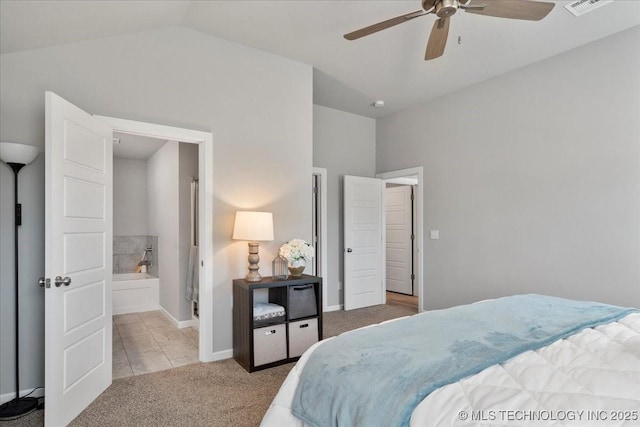 bedroom with light carpet, lofted ceiling, and ceiling fan