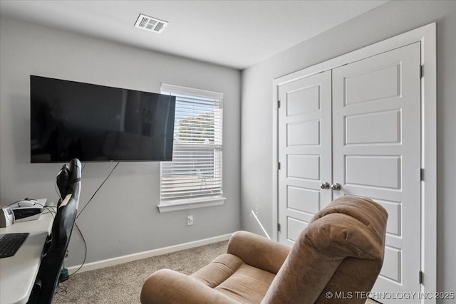 home office featuring light carpet