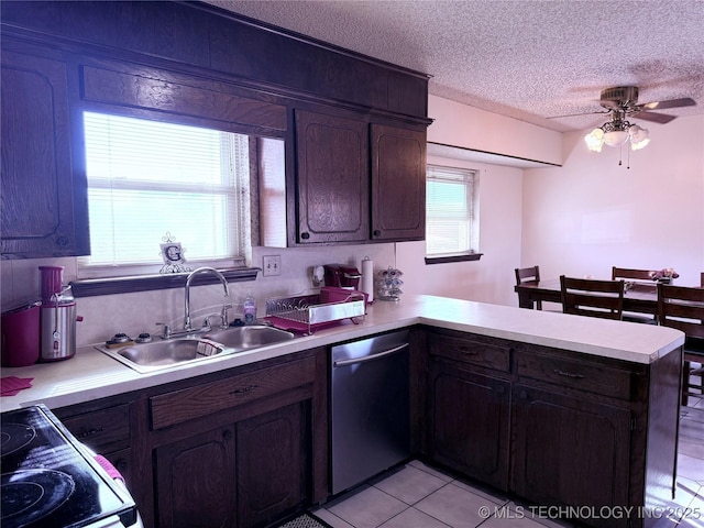 kitchen featuring sink, ceiling fan, a textured ceiling, stainless steel dishwasher, and kitchen peninsula