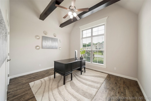 home office with ceiling fan, dark hardwood / wood-style flooring, and lofted ceiling with beams